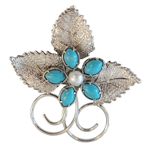 Sterling Silver Turquoise Lucite Cab, Leaf Brooch Pin, M524 - Picture 1 of 7